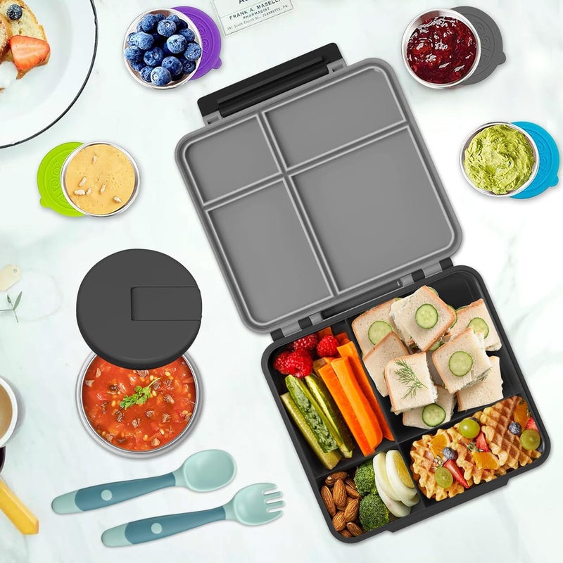 Aimsnk Kids Bento Lunch Box with 8oz Soup Thermo, Kids Leakproof Lunch Food Containers with 4 Compartment,Insulated Hot Food Jar with Lunch Bag for School, Travel (Black) - Image 2